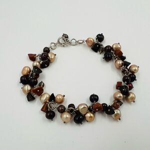 New Sterling Silver Bracelet w/Brown & Gold Pearls & Sandstone Gems 7.5-8” Adj
